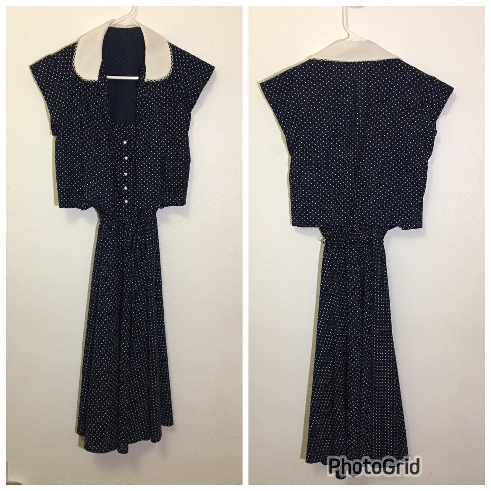 Vintage 70s Blue Polka Dot Sundress with Cropped Jacket Summer Boho Retro (1)